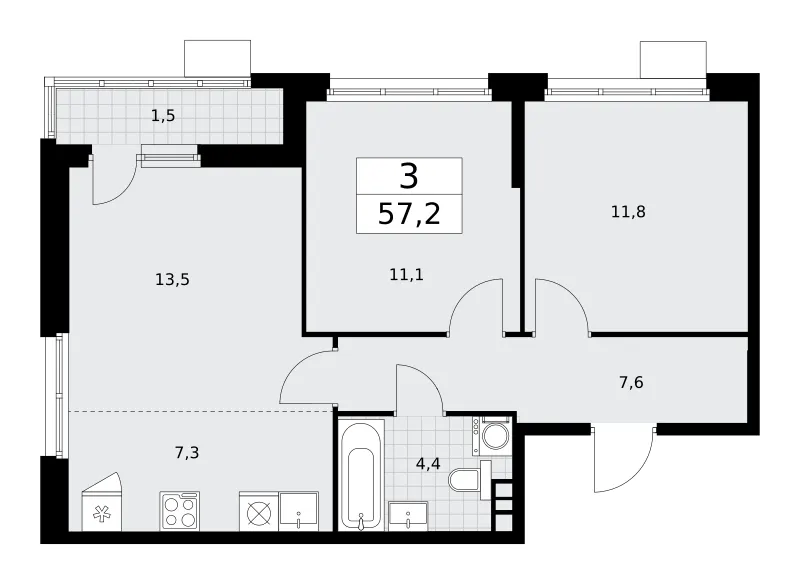3-комн. 57.2 м²
