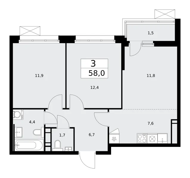 3-комн. 58 м²