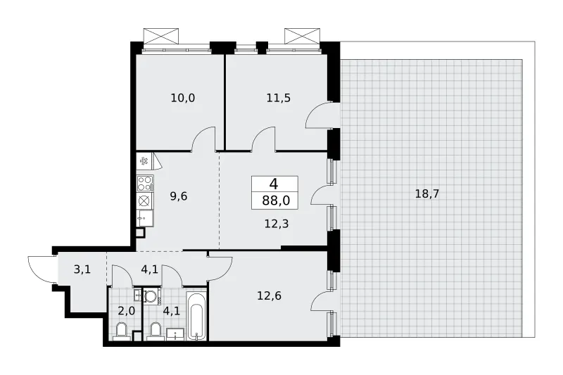 4-комн. 88 м²