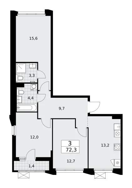3-комн. 72.3 м²