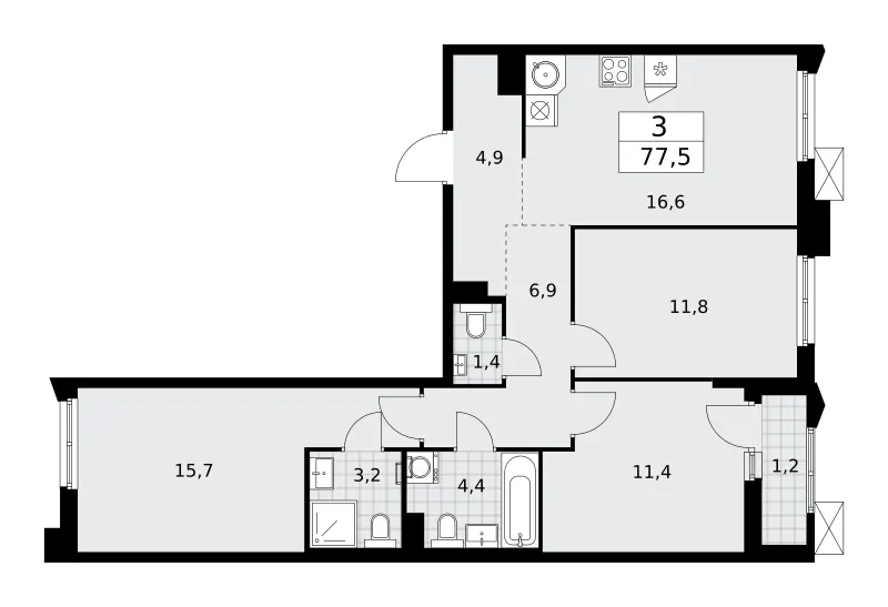 3-комн. 77.5 м²