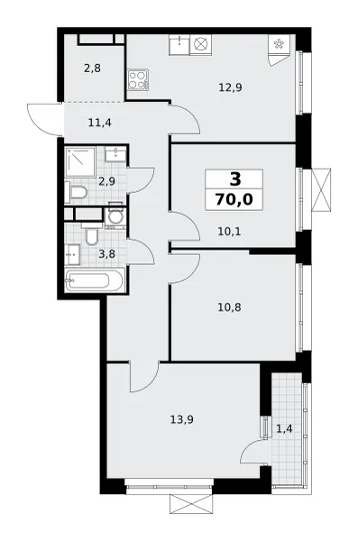 3-комн. 70 м²