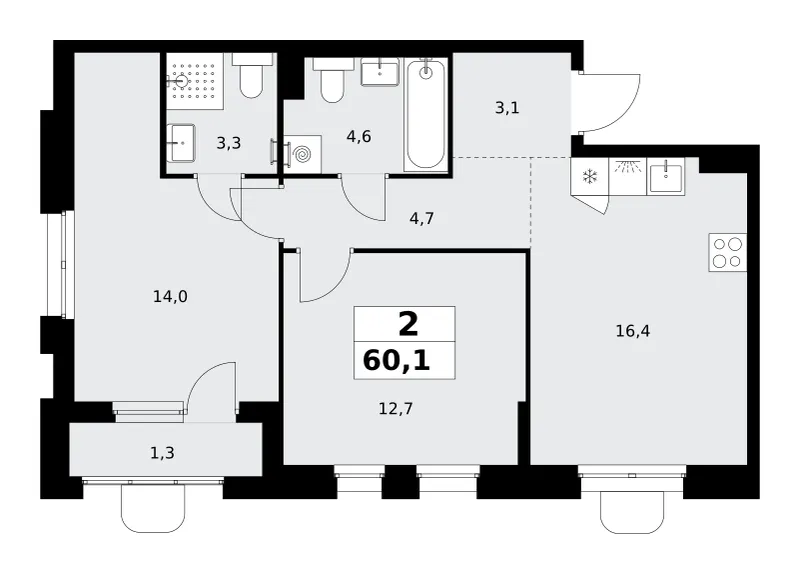 2-комн. 60.1 м²