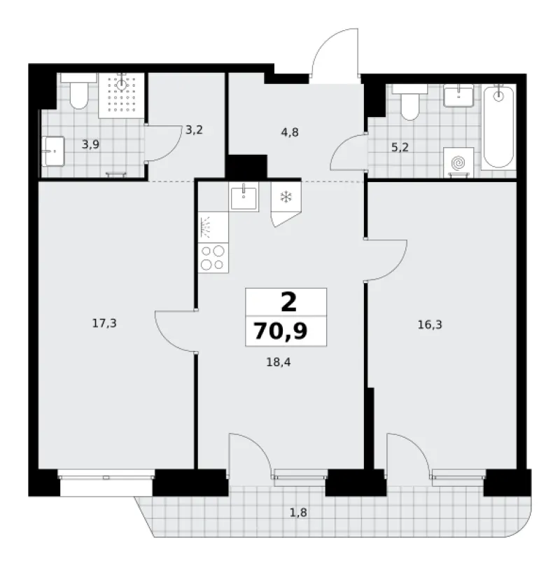 2-комн. 70.9 м²