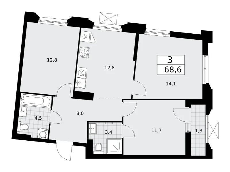3-комн. 68.6 м²