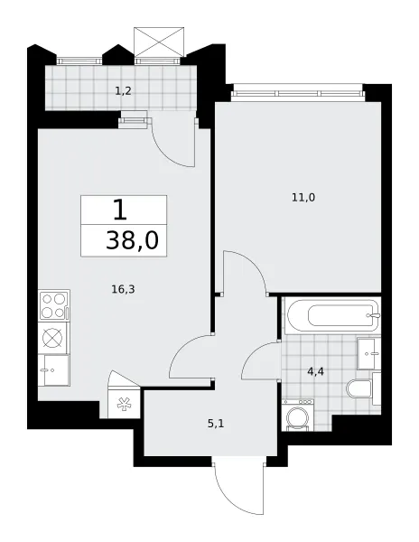 1-комн. 38 м²