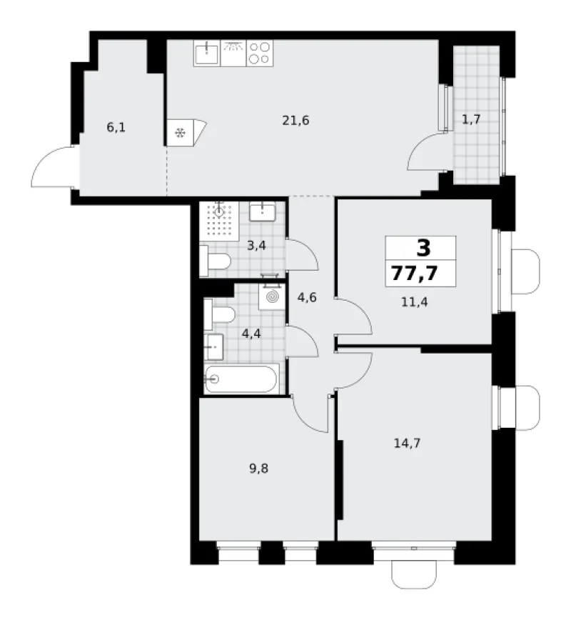 3-комн. 77.7 м²