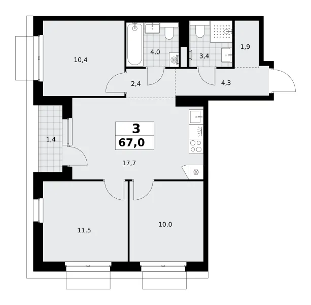 3-комн. 67 м²