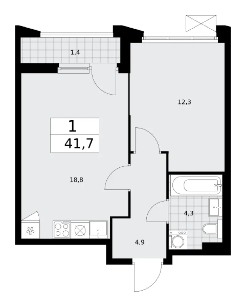 1-комн. 41.7 м²