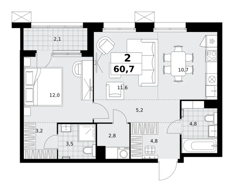 2-комн. 60.7 м²