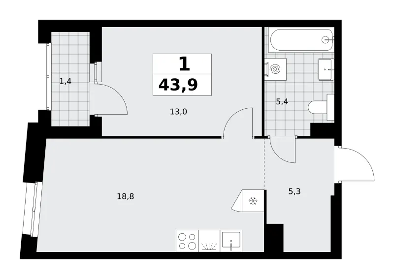 1-комн. 43.9 м²