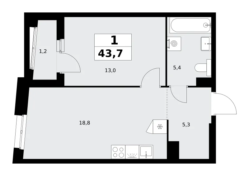 1-комн. 43.7 м²