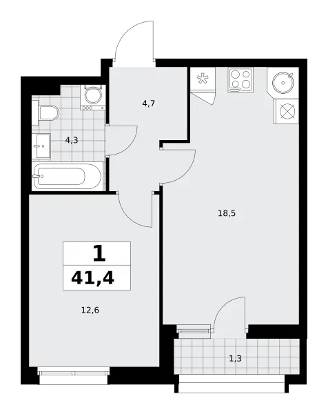 1-комн. 41.4 м²