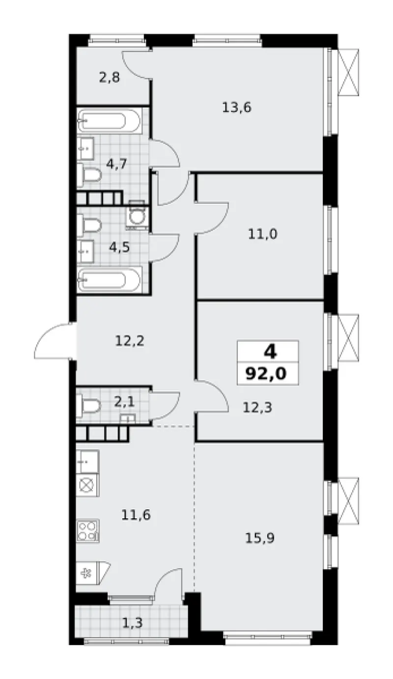 4-комн. 92 м²