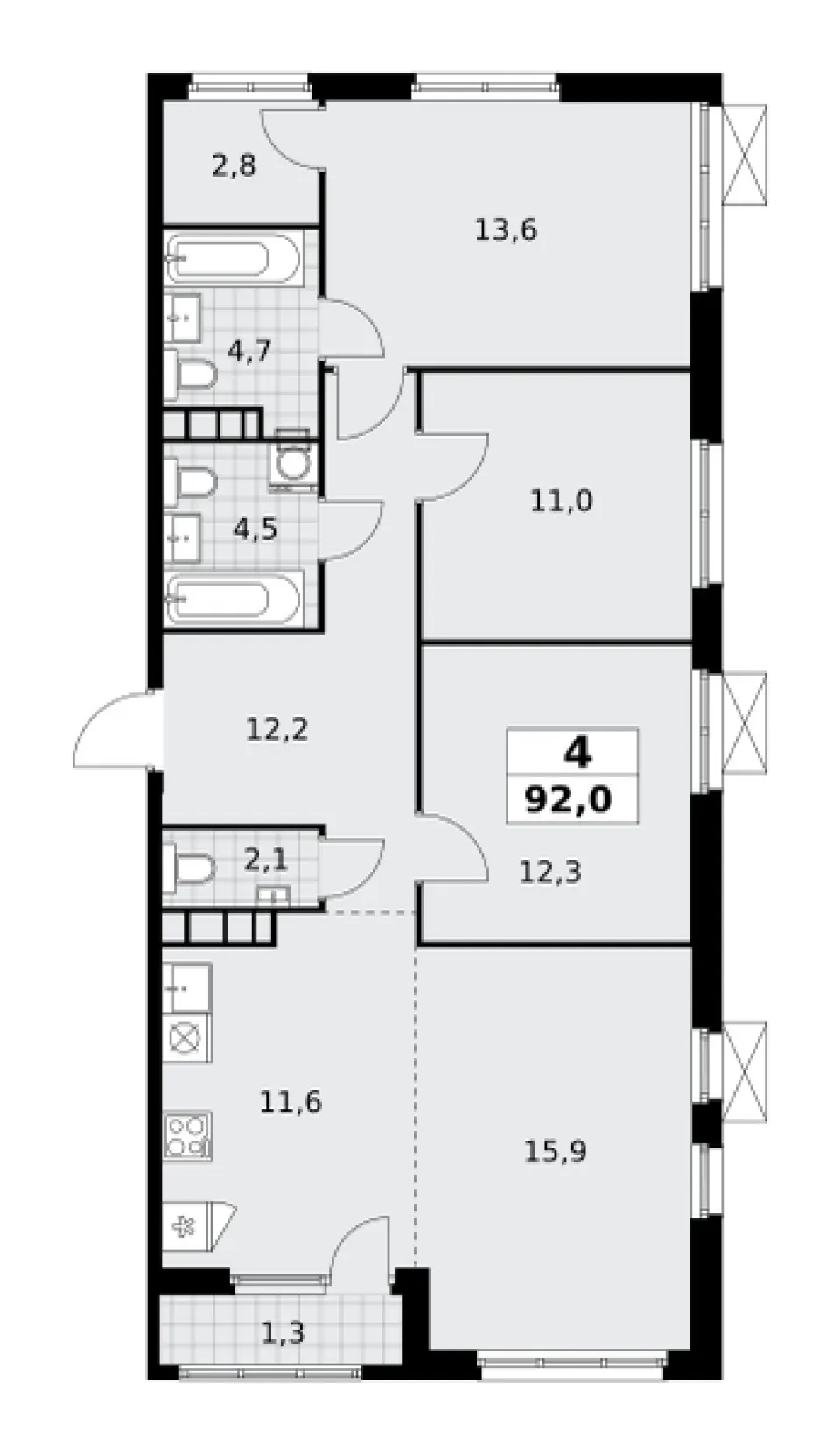 4-комн. 92 м²