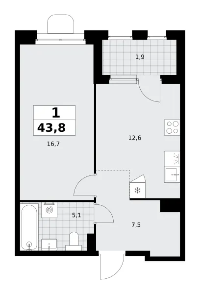 1-комн. 43.8 м²