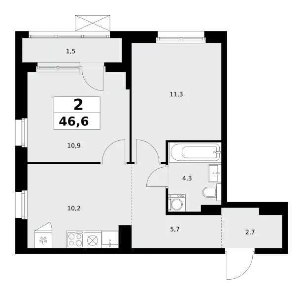 2-комн. 46.6 м²