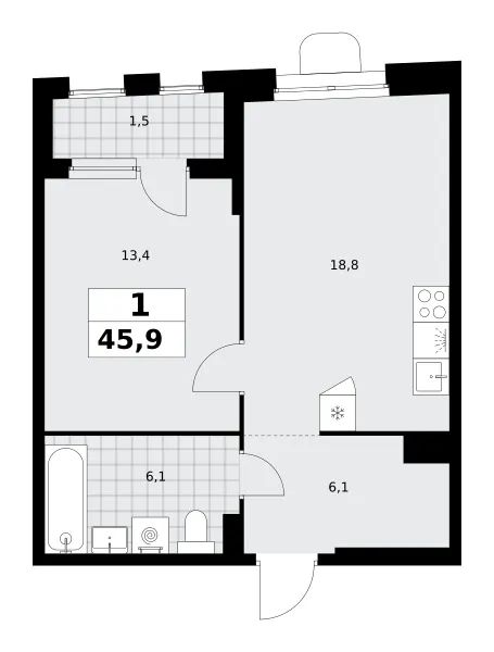 1-комн. 45.9 м²