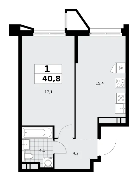 1-комн. 40.8 м²