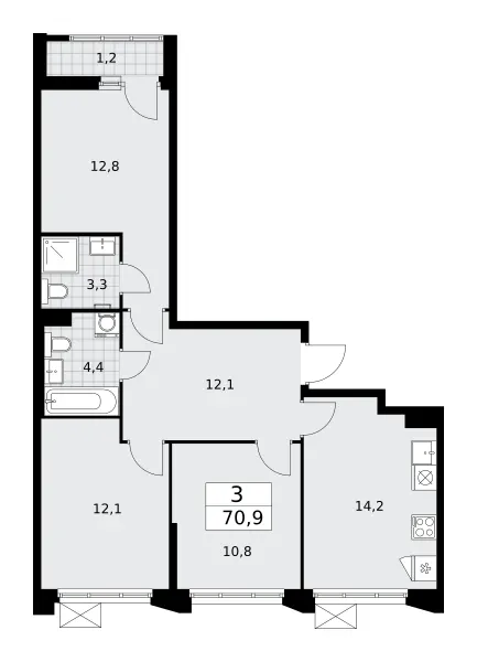 3-комн. 70.9 м²
