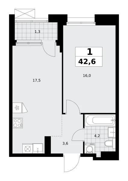 1-комн. 42.6 м²