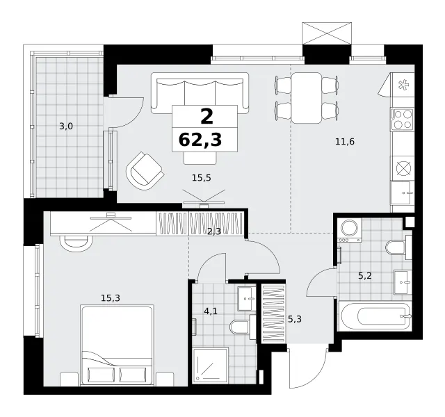 2-комн. 62.3 м²