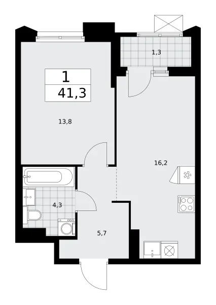 1-комн. 41.3 м²