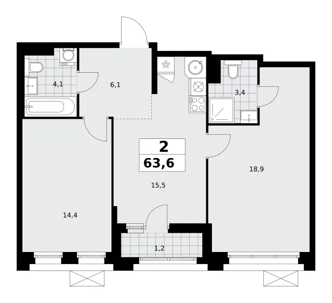 2-комн. 63.6 м²
