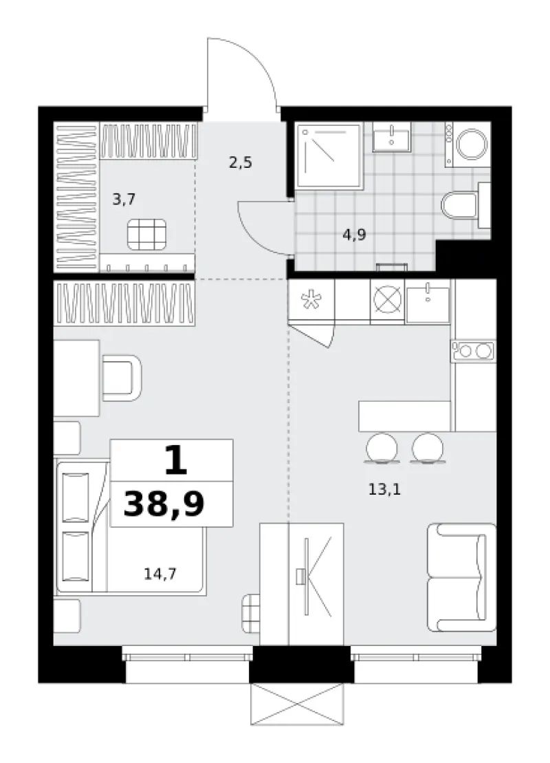 Студия 38.9 м²