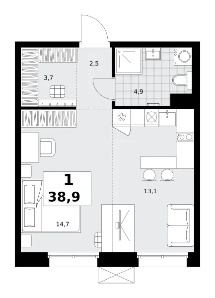Студия 38,9 м²