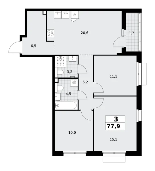 3-комн. 77.9 м²