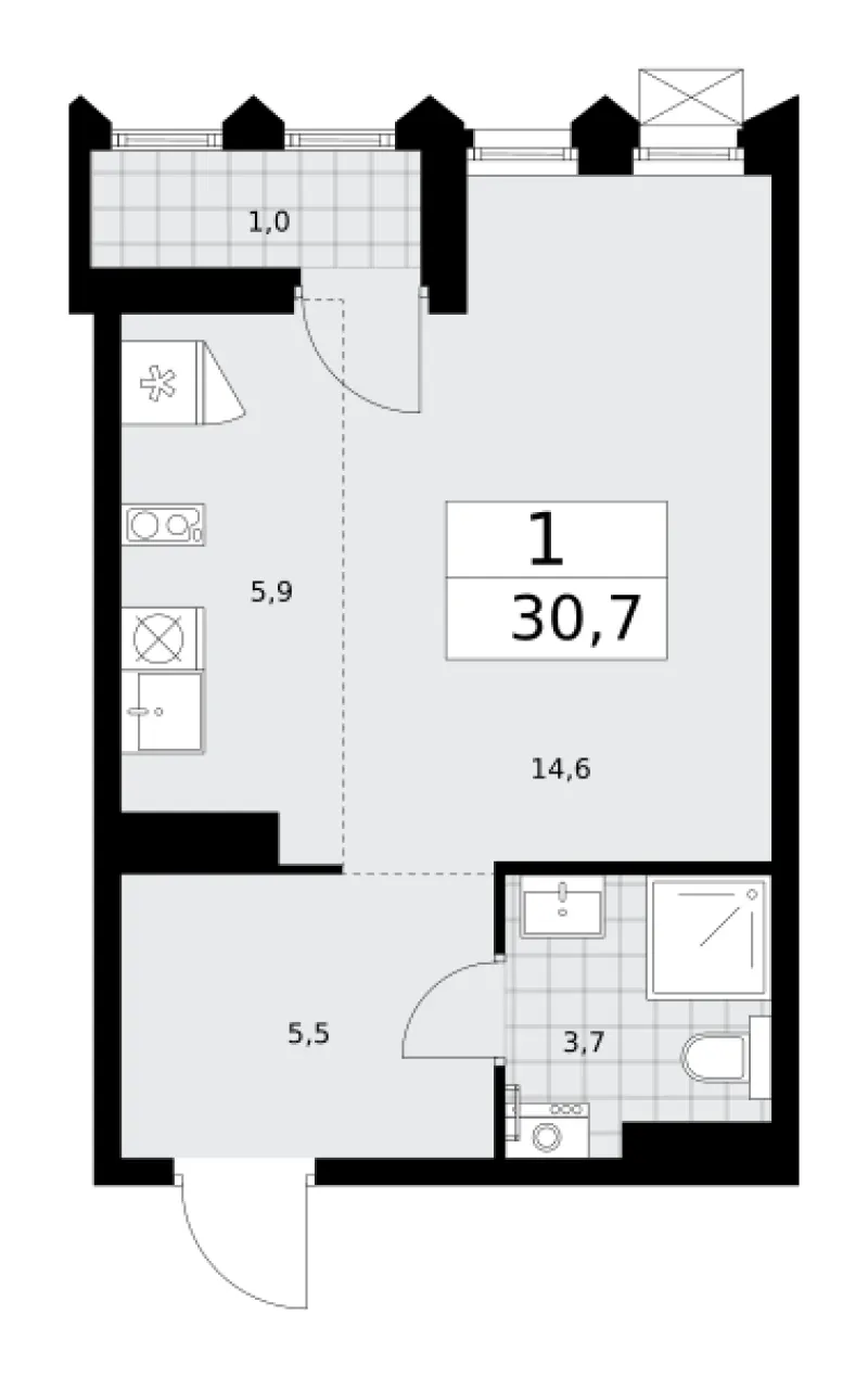 Студия 30.7 м²