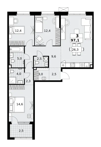 3-комн. 97.1 м²