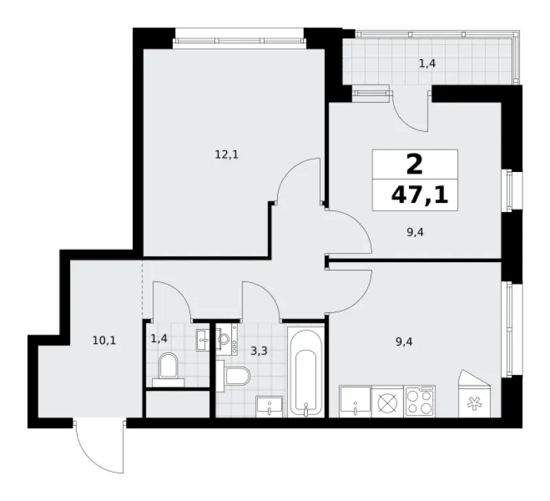 2-комн. 47.1 м²