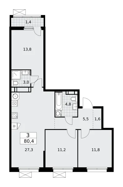 3-комн. 80.4 м²