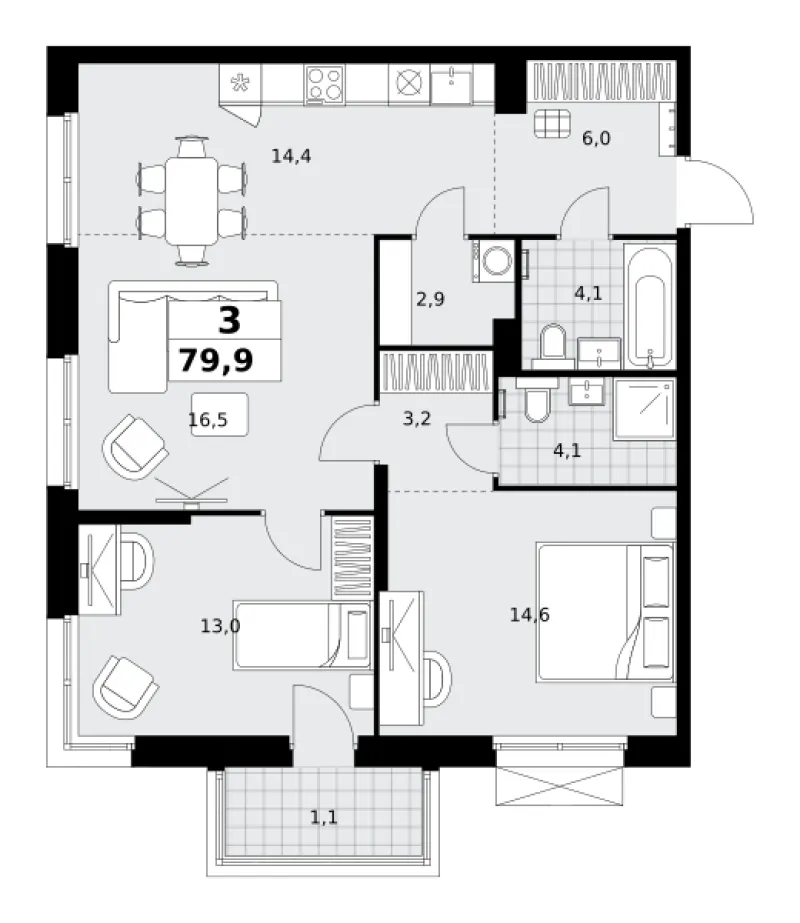 3-комн. 79.9 м²