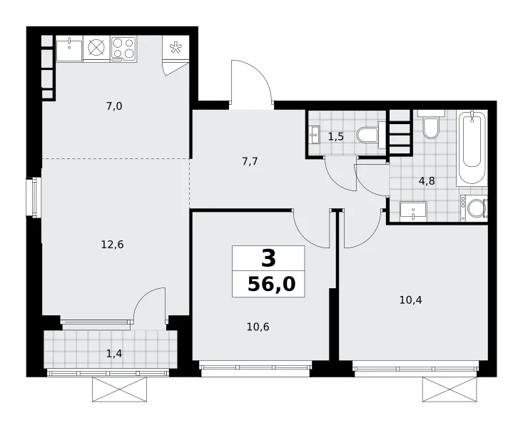3-комн. 56 м²