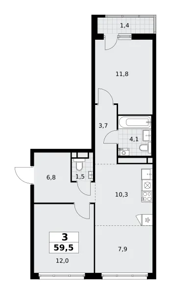 3-комн. 59.5 м²