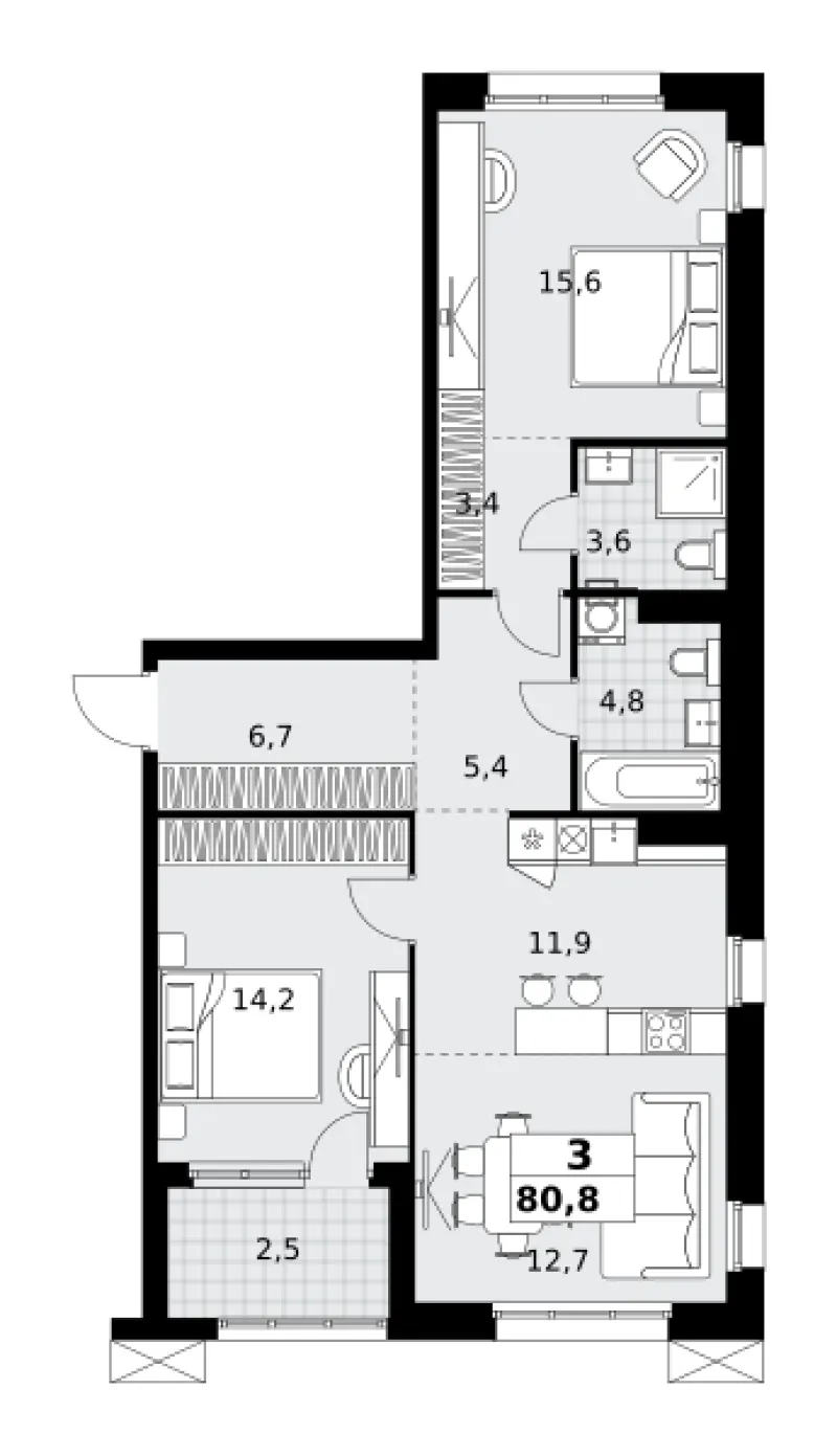 3-комн. 80.8 м²