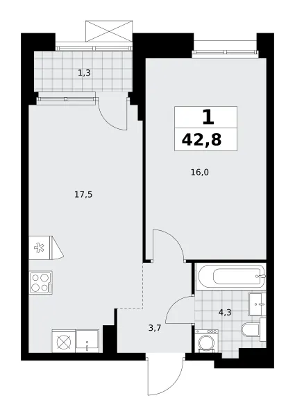 1-комн. 42,8 м²