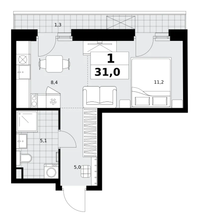 Студия 31 м²
