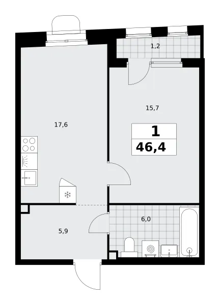 1-комн. 46.4 м²