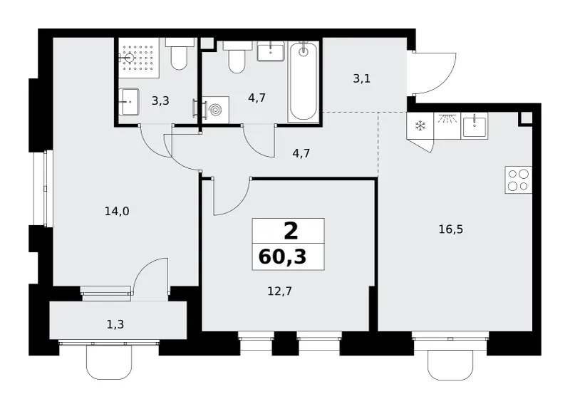 2-комн. 60.3 м²