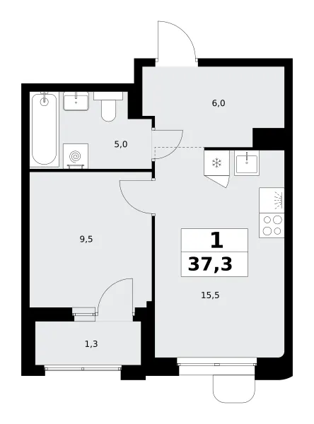 1-комн. 37.3 м²