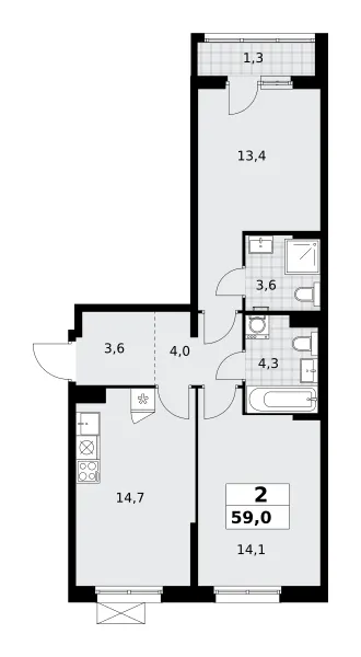 2-комн. 59 м²
