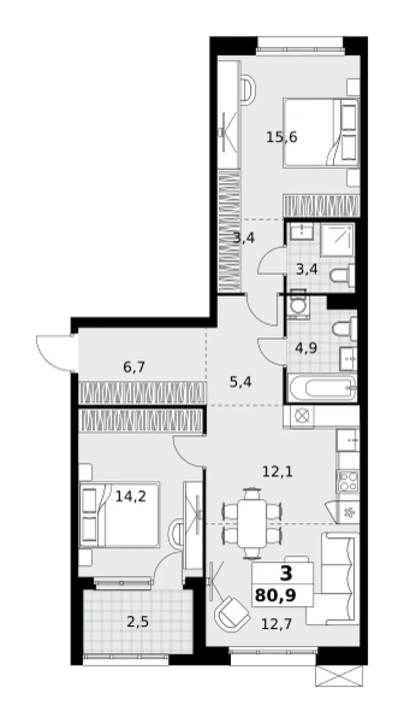 3-комн. 80.9 м²