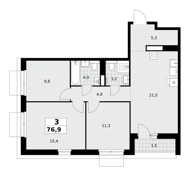 3-комн. 76.9 м²