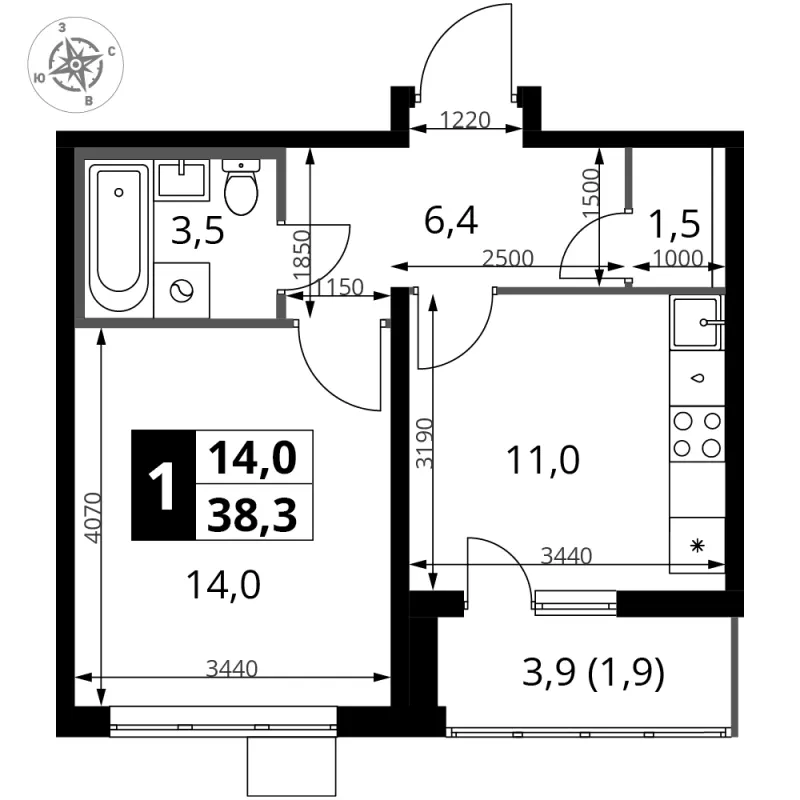 1-комн. 38.3 м²