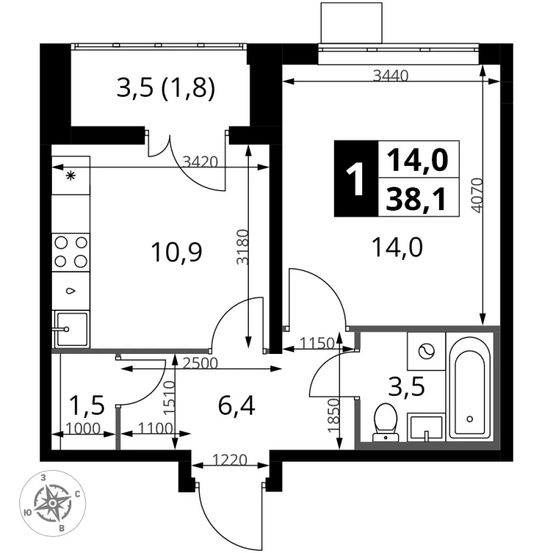 1-комн. 38.1 м²