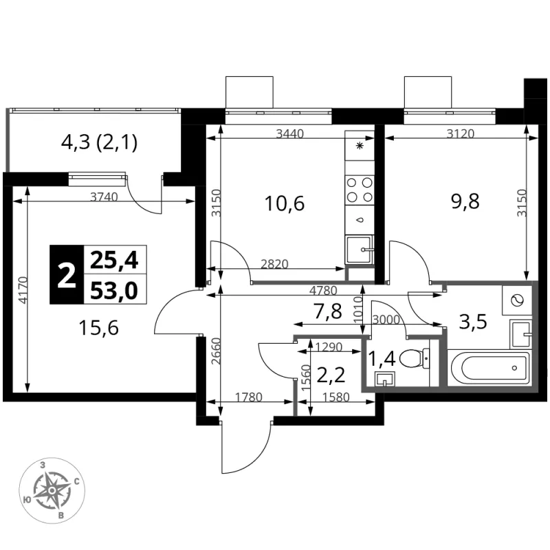 2-комн. 53 м²